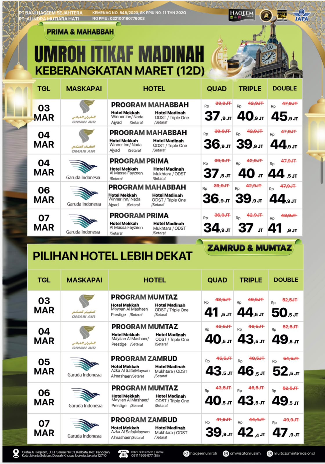 Flyer Haqeem Group Itikaf Madinah: Prima, Mahabbah, Zamrud & Mumtaz 2027
